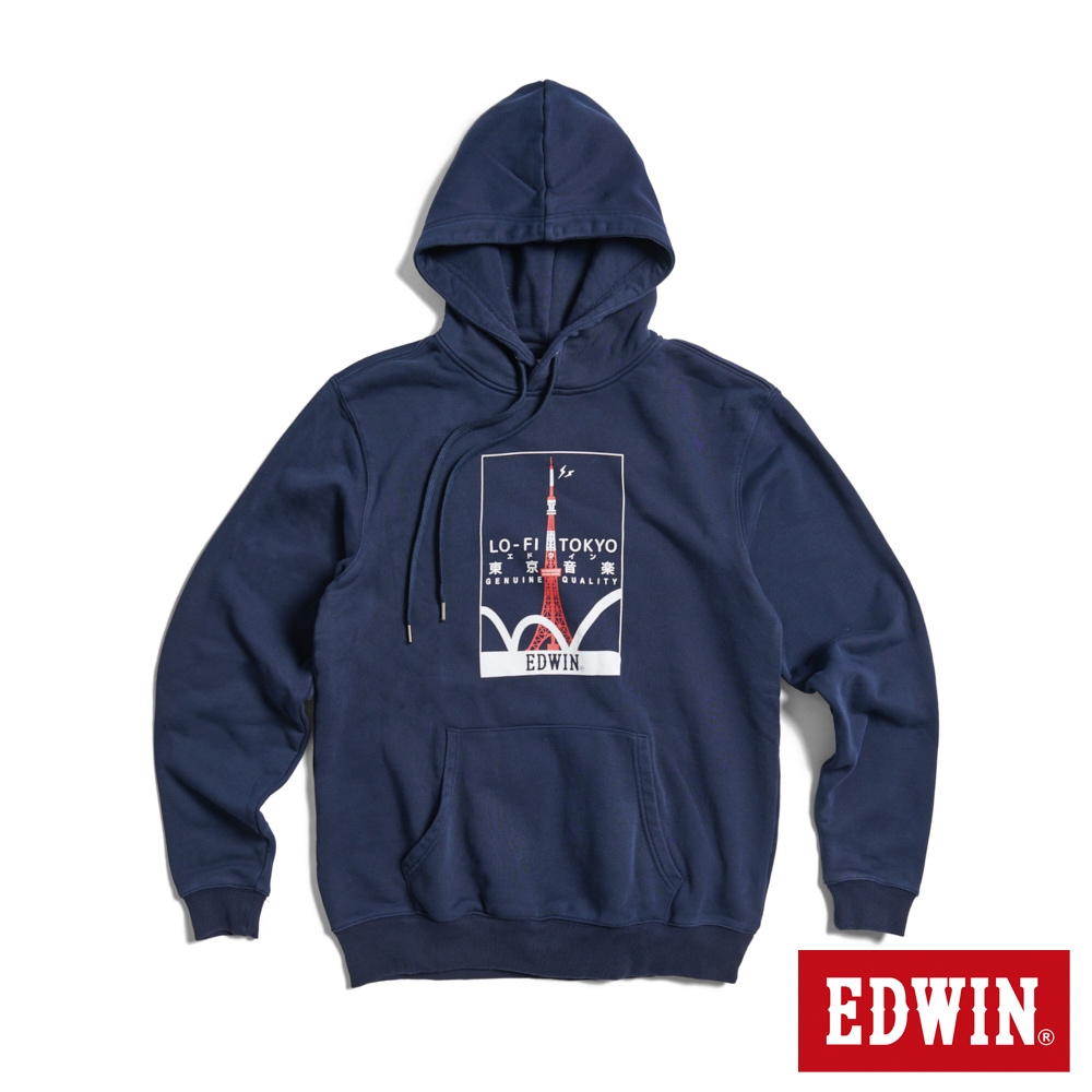 EDWIN 東京散策系列 東京音樂連帽長袖T恤-男女-丈青色