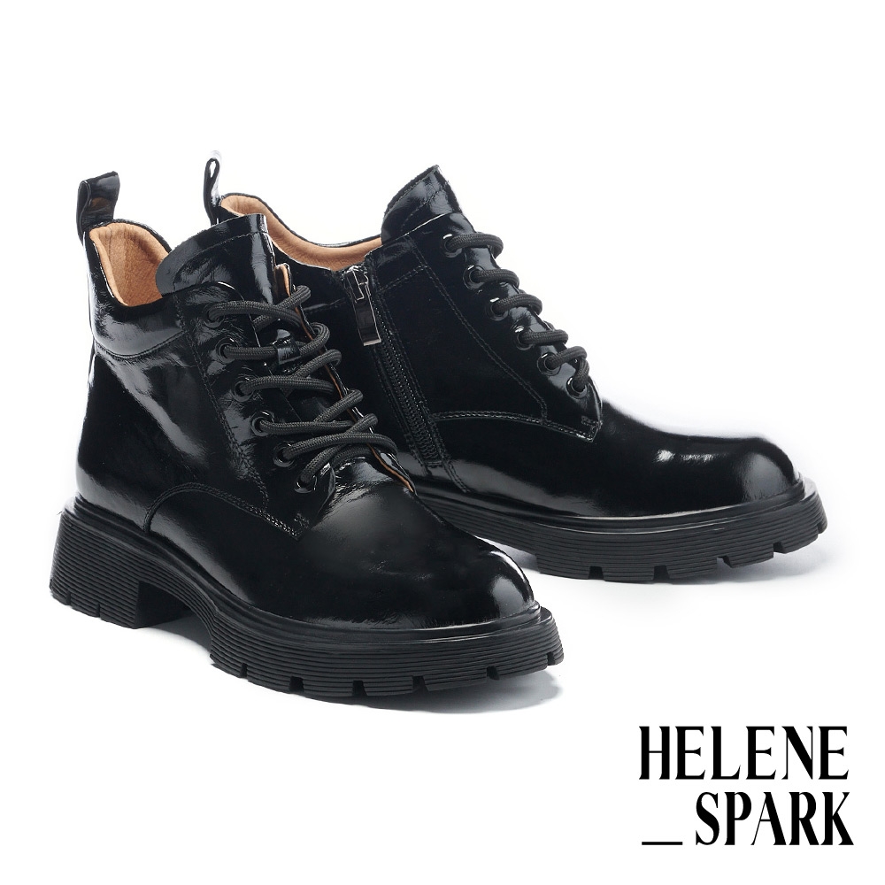 (時尚美靴)短靴 HELENE_SPARK 懷舊紳士風微光感全真皮綁帶厚底短靴－黑