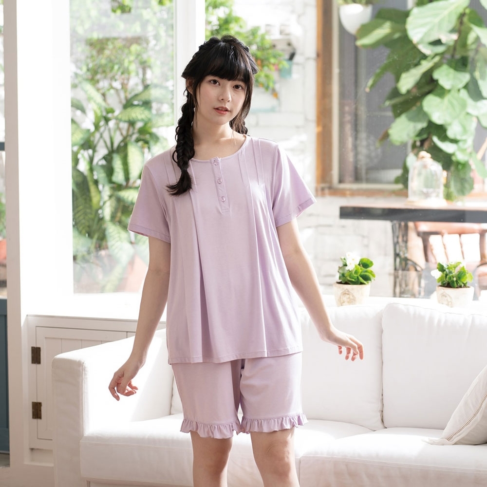 華歌爾睡衣-睡眠研究所 M-L短袖睡衣褲(紫) 膠原蛋白纖維