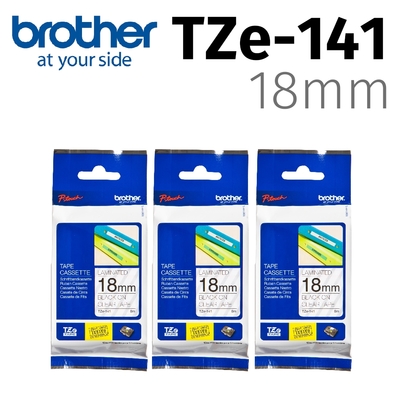 【3入組】brother 原廠護貝標籤帶 TZe-141 (透明底黑字 18mm)