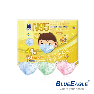 藍鷹牌 N95立體型2-4歲幼幼醫用口罩-50片x5盒(藍/綠/粉)