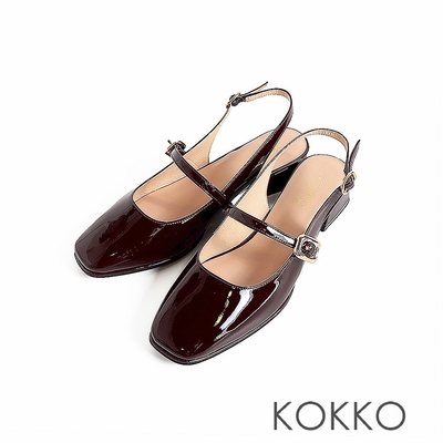 KOKKO甜美女孩微寬楦漆皮後繫帶低跟包鞋酒紅色