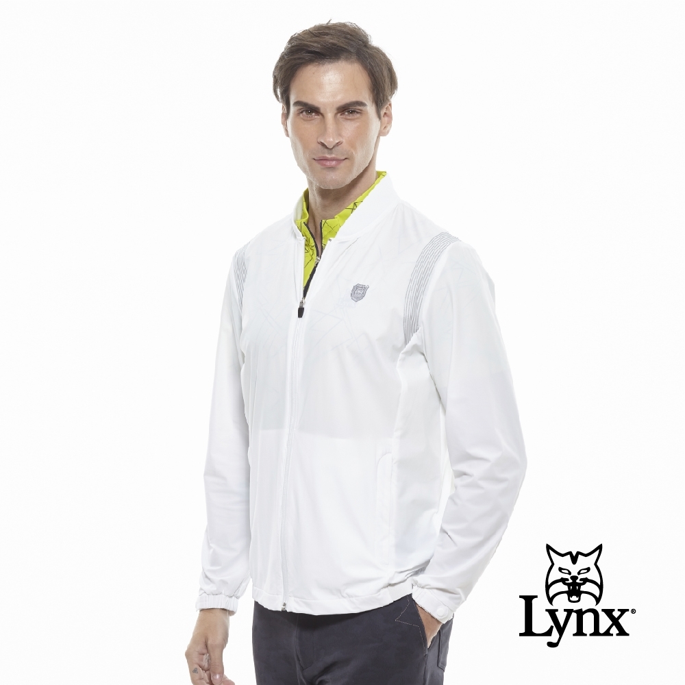 【Lynx Golf】男款防潑水反光印花羅紋棒球領長袖外套-白色