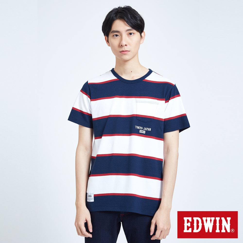 EDWIN 復古條紋口袋 短袖T恤-男-丈青