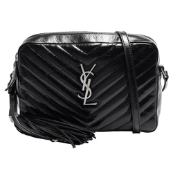 YSL MONOGRAM系列車縫V字紋亮面小牛皮復古銀金屬LOGO銀鍊流蘇拉鍊肩/斜背包(黑)