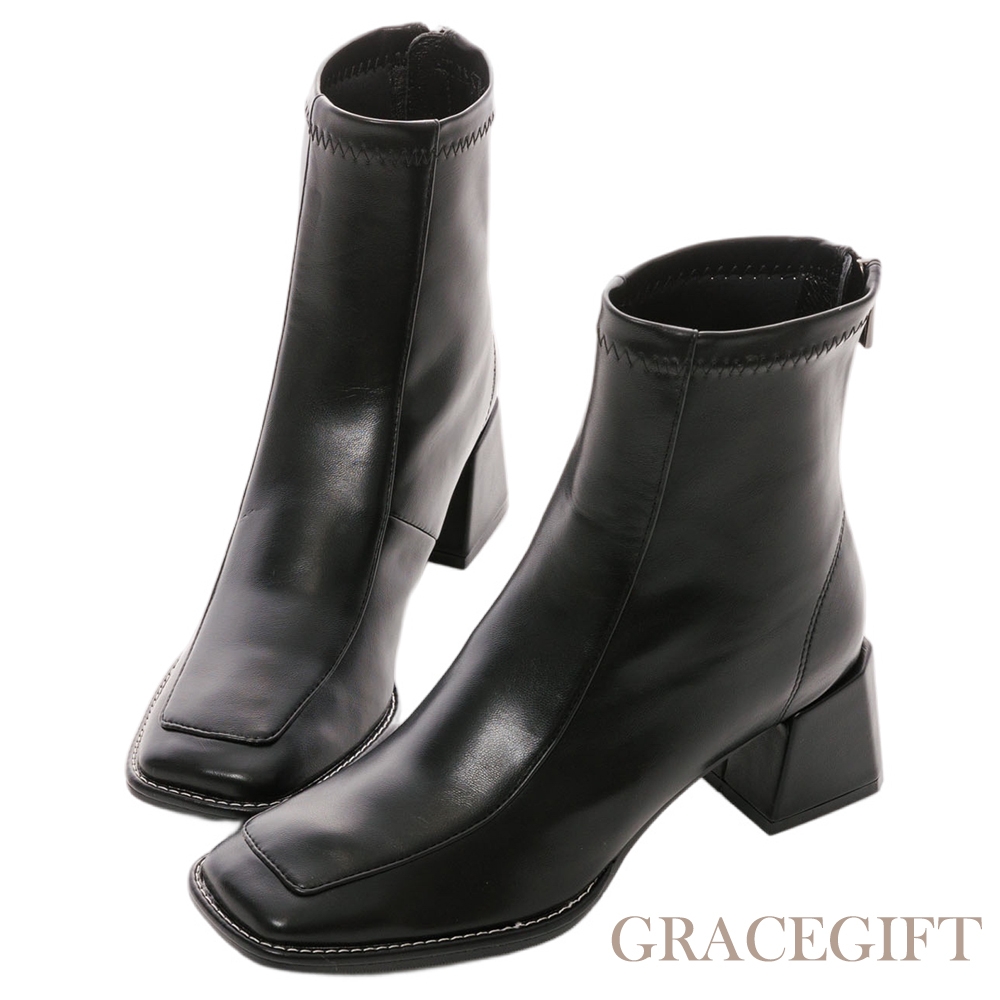 【Grace Gift】逸歡聯名-立體層次拼接感粗跟方頭短靴 黑
