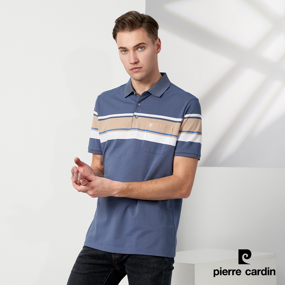 Pierre Cardin皮爾卡登 男款 大定位橫條短袖POLO衫-藍色(5237263-36)