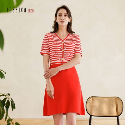 JESSICA RED - 氣質修身拼接條紋V領短袖針織洋裝（紅）823181