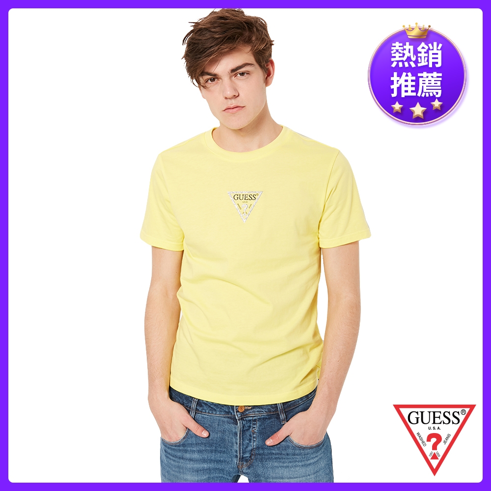 GUESS-男裝-閃耀水鑽小LOGO短T,T恤-黃 原價1290