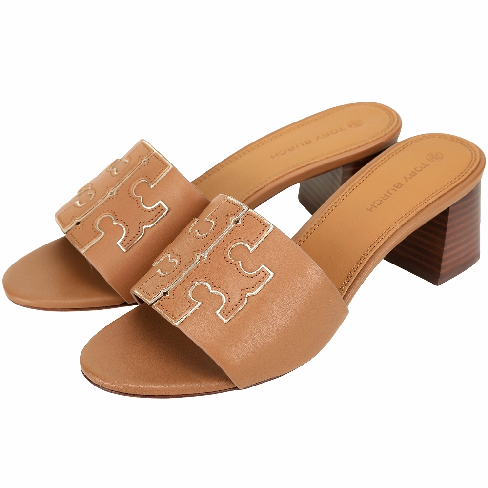 TORY BURCH Ines T字撞色鑲邊牛皮粗跟拖鞋/涼鞋(棕色)