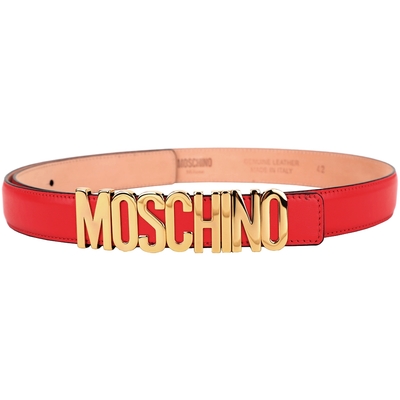 MOSCHINO 拋光金字母車縫邊小牛皮細版腰帶(紅色)