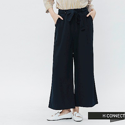H:CONNECT 韓國品牌 女裝-腰帶綁結打摺寬褲-藍
