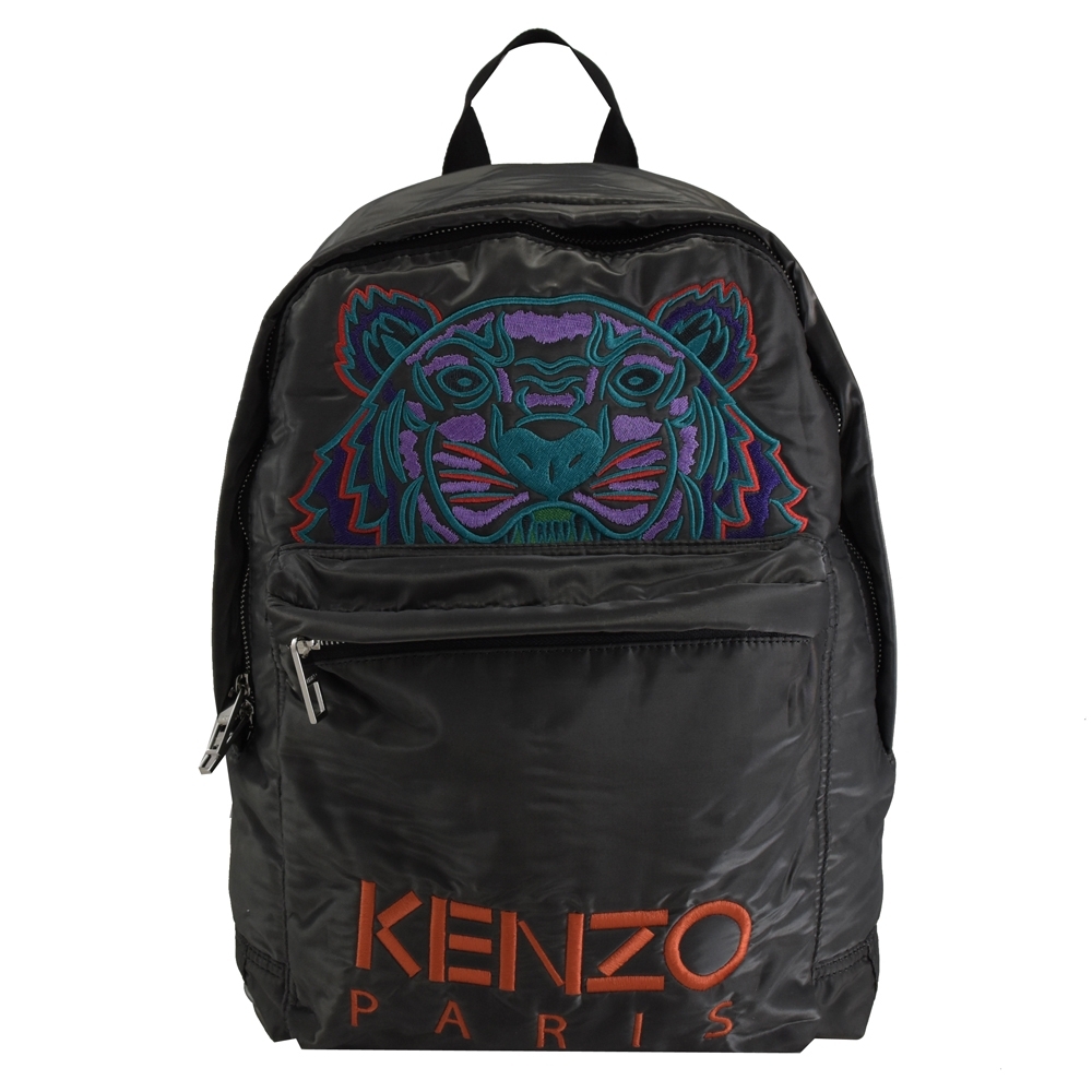 KENZO 電繡老虎圖案LOGO尼龍拉鍊後背包(灰/藍綠)