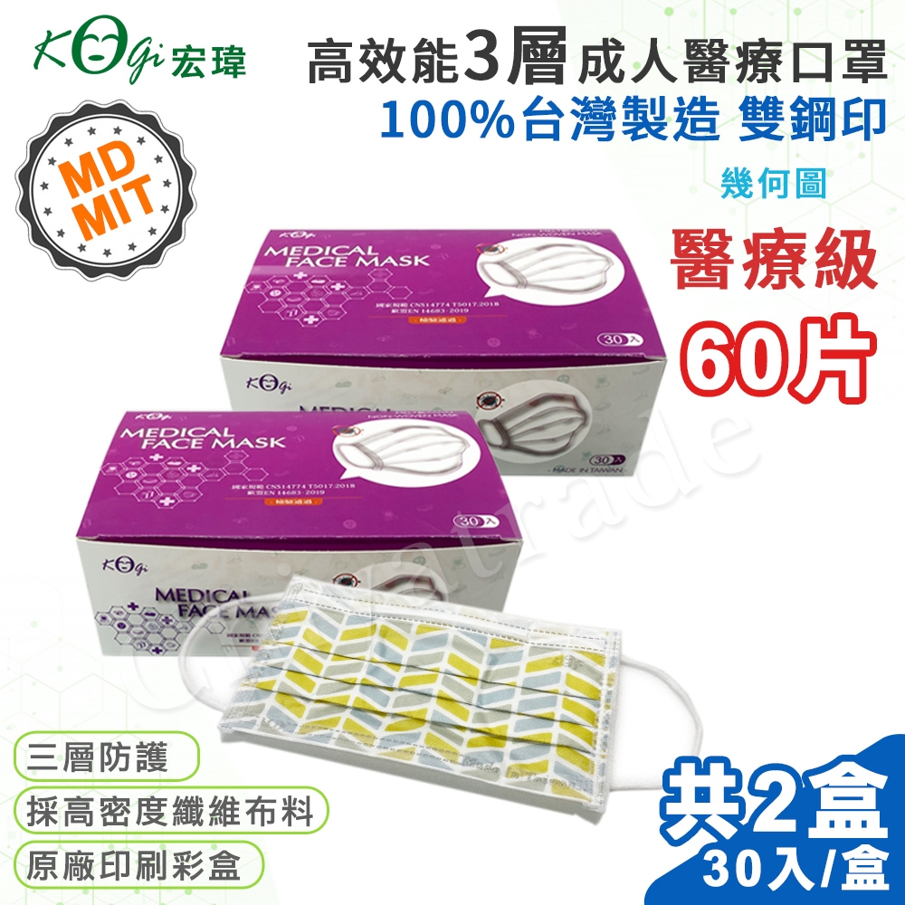 宏瑋 MD+MIT雙鋼印 高效能三層不織布 醫用成人口罩-60入(幾何圖)