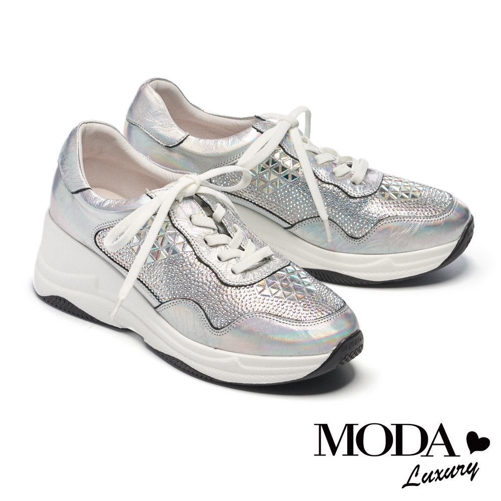 休閒鞋 MODA Luxury 酷炫華麗水鑽牛皮綁帶厚底休閒鞋－銀