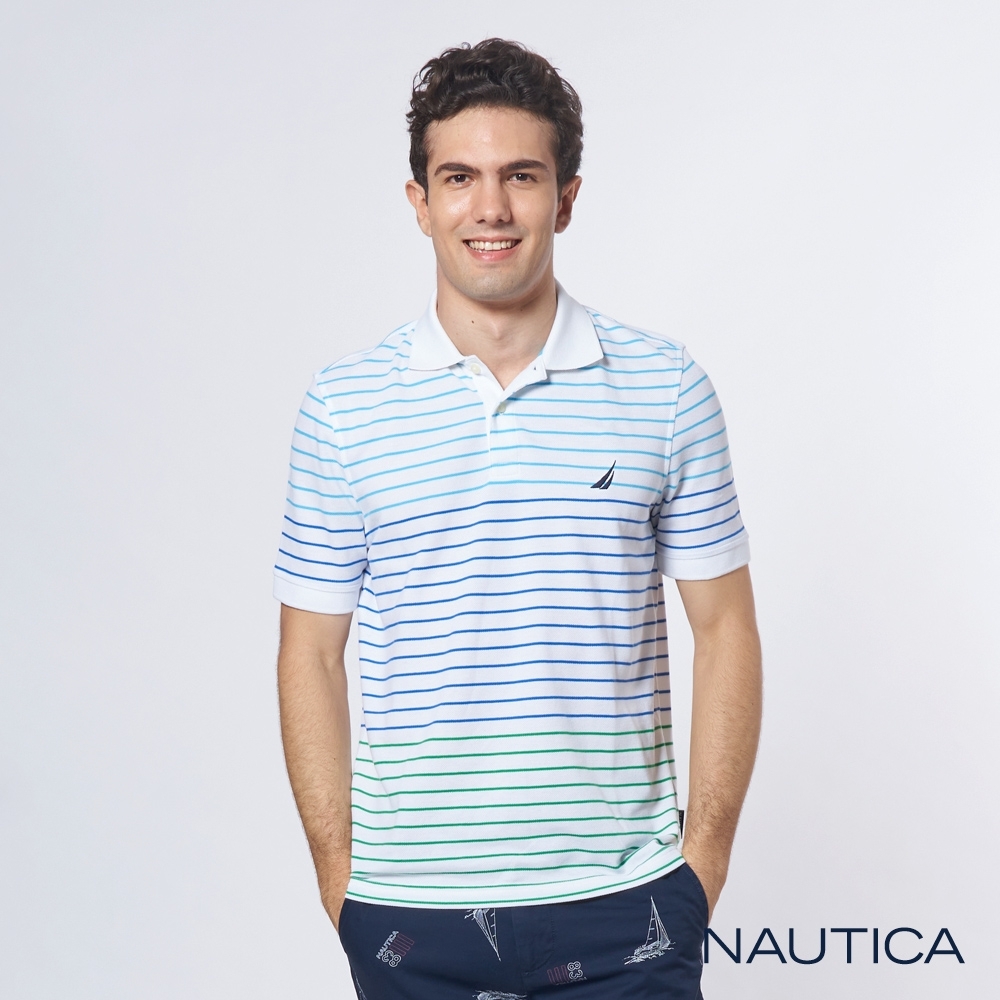 Nautica 漸層條紋吸濕排汗短袖POLO衫-白