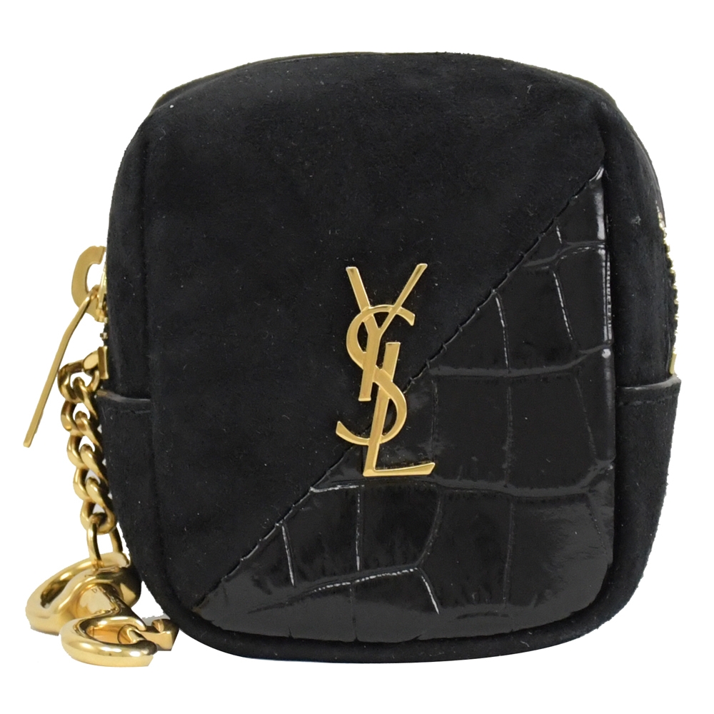 YSL Saint Laurent金屬LOGO素色羊皮方形零錢包(黑)