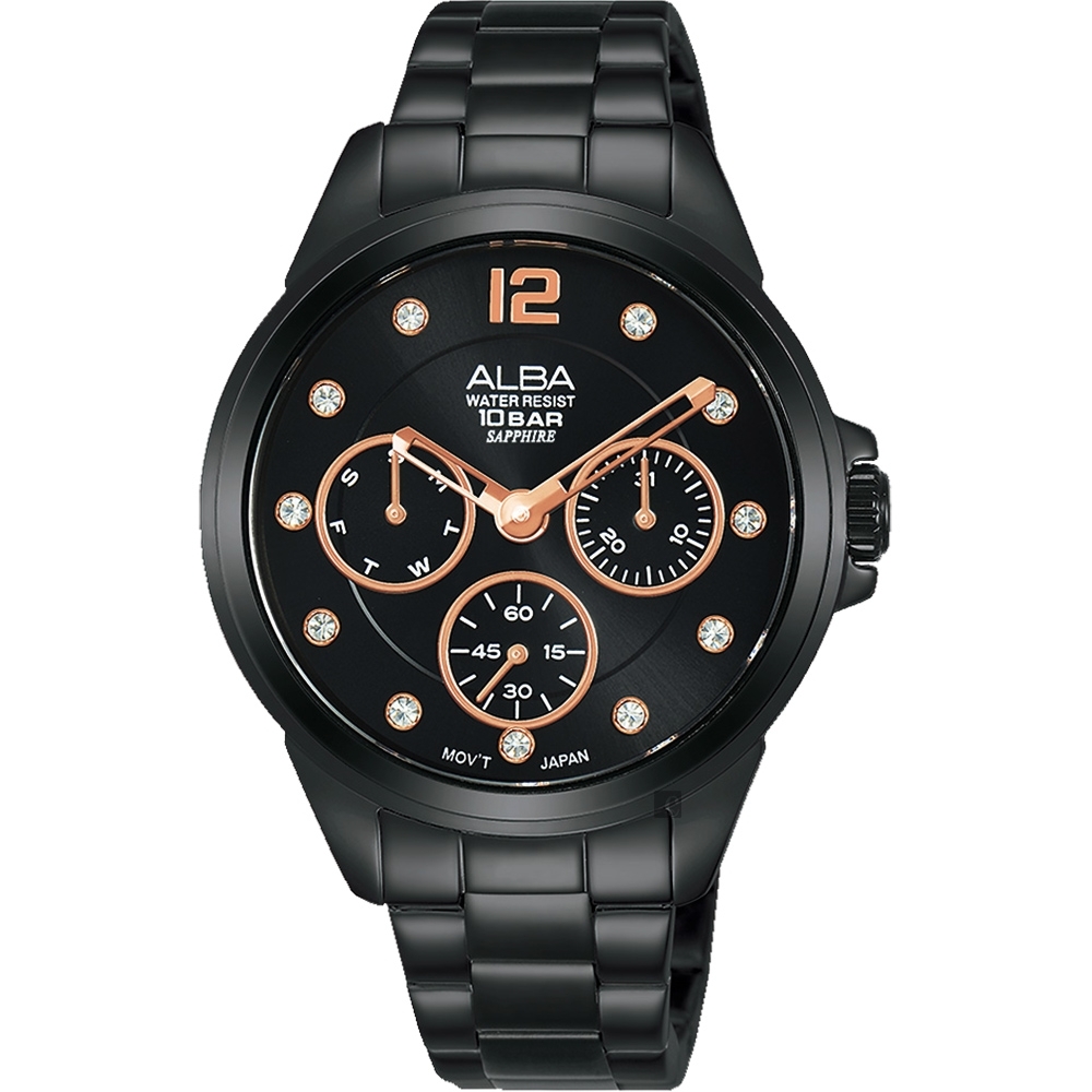 ALBA雅柏 情人最愛是妳晶鑽日曆女錶(AP6641X1)-鍍黑/36mm