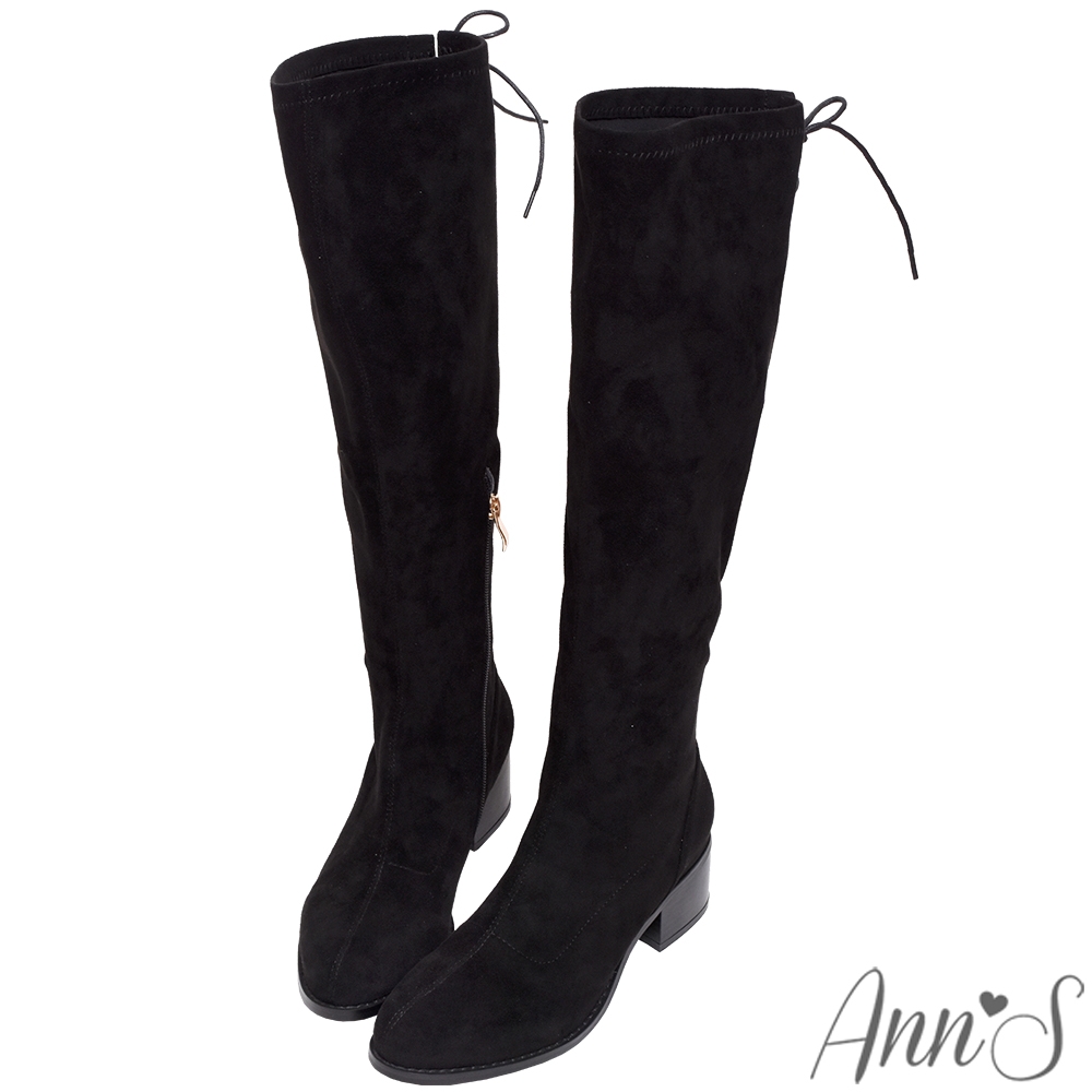 Ann’S誘人領域小個子推薦-加寬版防水絨布素面後綁帶粗跟及膝長靴5cm-絨黑