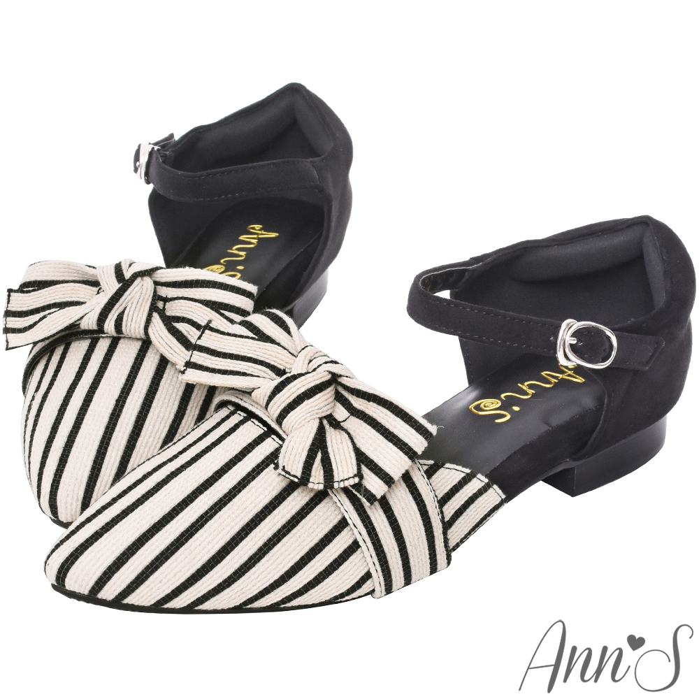 Ann’S可愛造型大蝴蝶結繫帶尖頭平底鞋-條紋