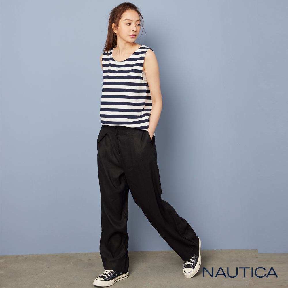 Nautica 女裝 雙釦微腰身復古長褲-黑色