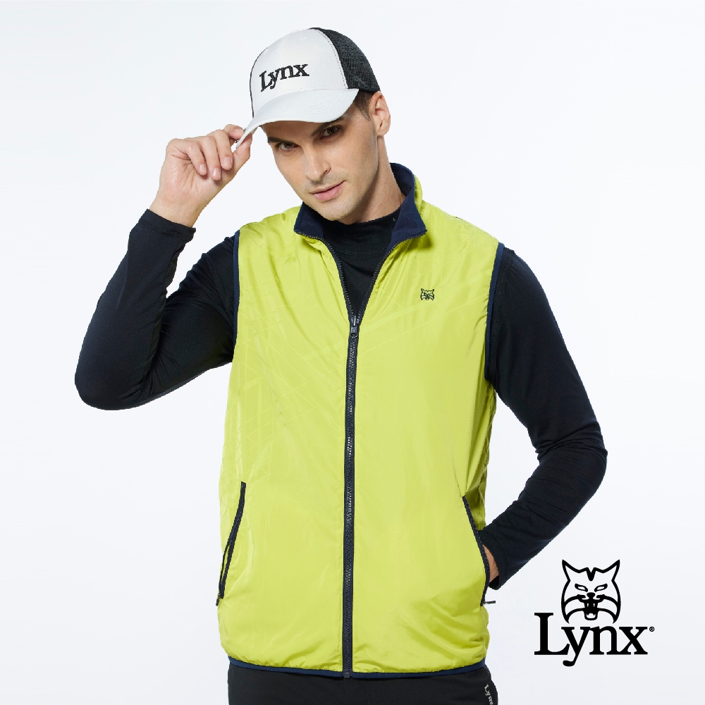 【Lynx Golf】男款保暖舒適幾何曲線菱形印花無袖雙面穿風衣布/刷毛背心-黃色