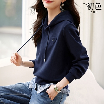 初色 韓系假兩件拼接寬鬆抽繩長袖休閒連帽T恤上衣女上衣-藍色-33004(M-2XL可選)