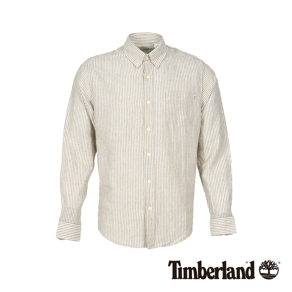 Timberland 男款素色黑直條紋亞麻長袖襯衫|A1VVU
