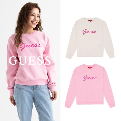 【GUESS】毛線草寫LOGO大學T-兩色可選