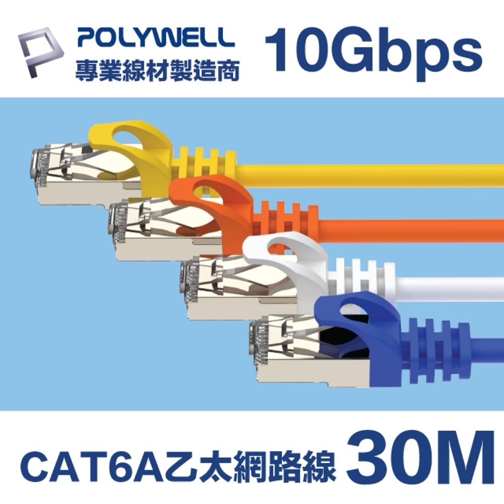 POLYWELL CAT6A 超高速乙太網路線 S/FTP 10Gbps 30M 黑色