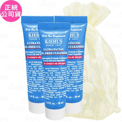 Kiehl s 契爾氏 冰河保濕無油清爽潔面慕斯 豪華試用品(30ml)*3旅行袋組(公司貨)