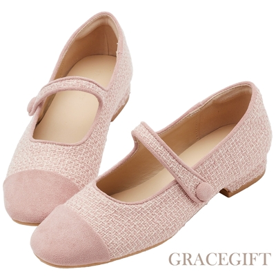 【Grace Gift】甜美名媛毛呢低跟瑪莉珍鞋 粉