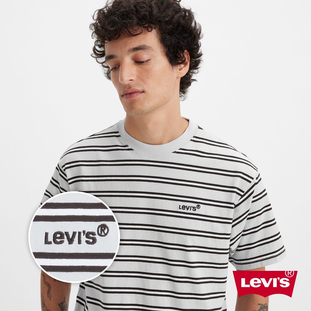Levis 男款 重磅寬鬆版短袖條紋T恤 / 精工迷你刺繡Logo / 217GSM厚棉 藍白