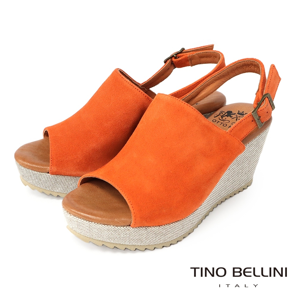 Tino Bellini 西班牙進口飽和原色牛麂皮魚口楔型涼鞋-橘