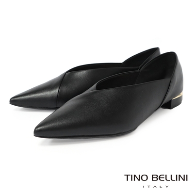 Tino Bellini 巴西進口簡約交叉拼接牛皮尖頭平底鞋-黑