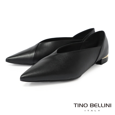 tino bellini 巴西進口簡約交叉拼接牛皮尖頭平底鞋-黑