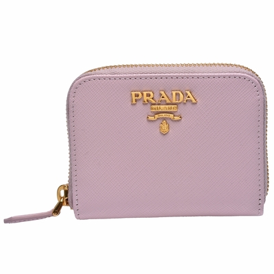 PRADA SAFFIANO系列金色浮雕LOGO防刮牛皮拉鍊卡夾/零錢包(淡粉色)