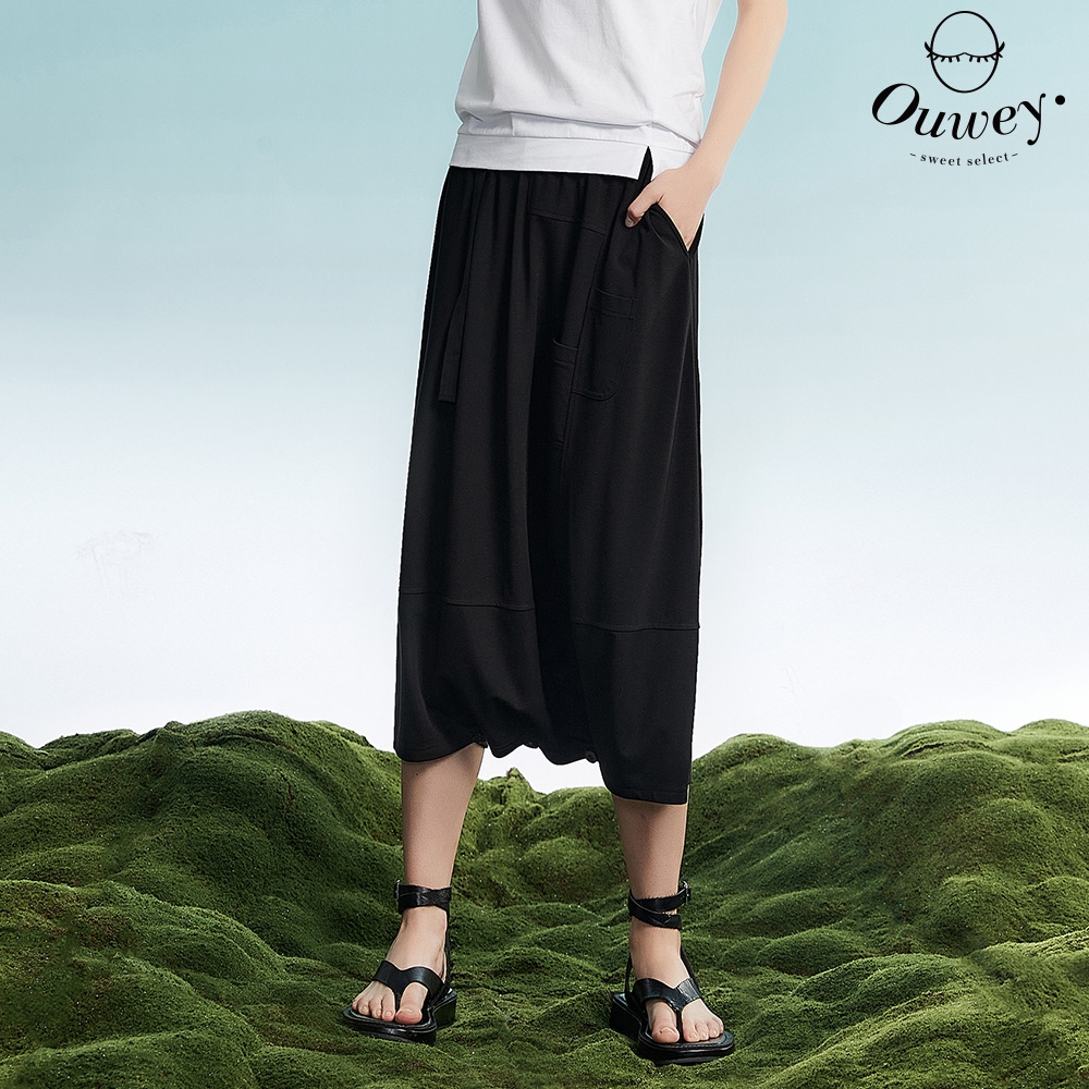 OUWEY歐薇 鬆緊腰特殊造型兩穿縲縈寬鬆褲裙(黑色；S-L)3232066605