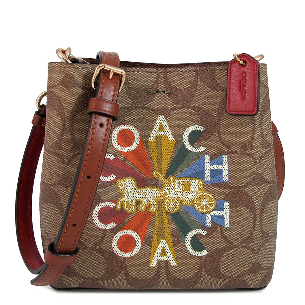 COACH MINI TOWN 大馬車LOGO防潑水彩虹光芒三層小水桶包(卡其棕)