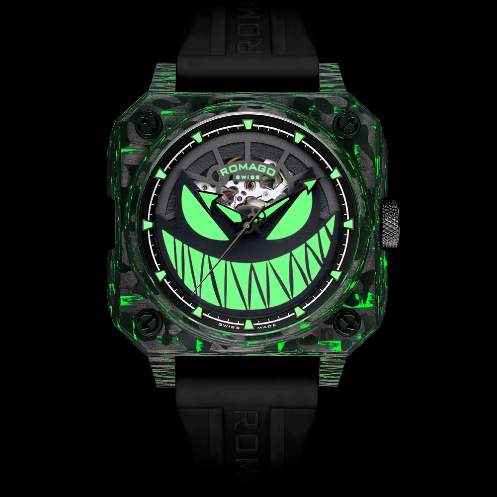 ROMAGO碳纖維馭光者系列 螢光鬼臉設計機械錶-夜光綠/46.5mm RM111-GR