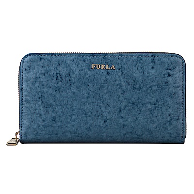 FURLA 金字浮雕防刮皮革拉鍊長夾(鈷藍)