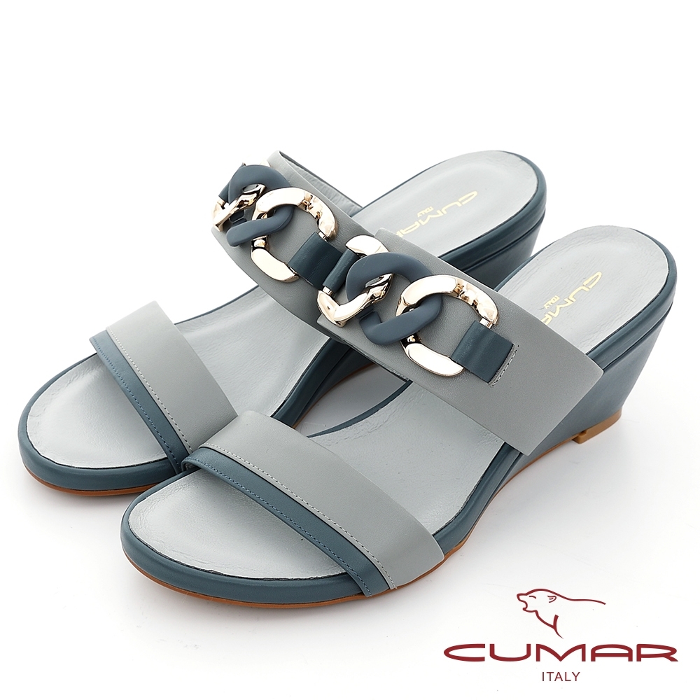 【CUMAR】撞色鎖鏈裝飾一字帶楔型涼拖鞋-淺灰