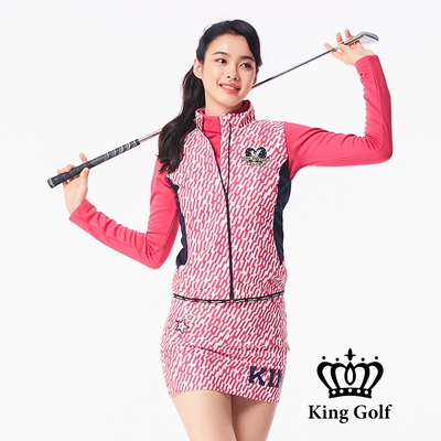 【KING GOLF】滿版幾何印花刺繡拼接無袖背心-桃紅色