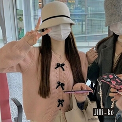 JILLI-KO 奶油戚風氣質甜美蝴蝶結V領短款針織上衣- 粉紅/紫