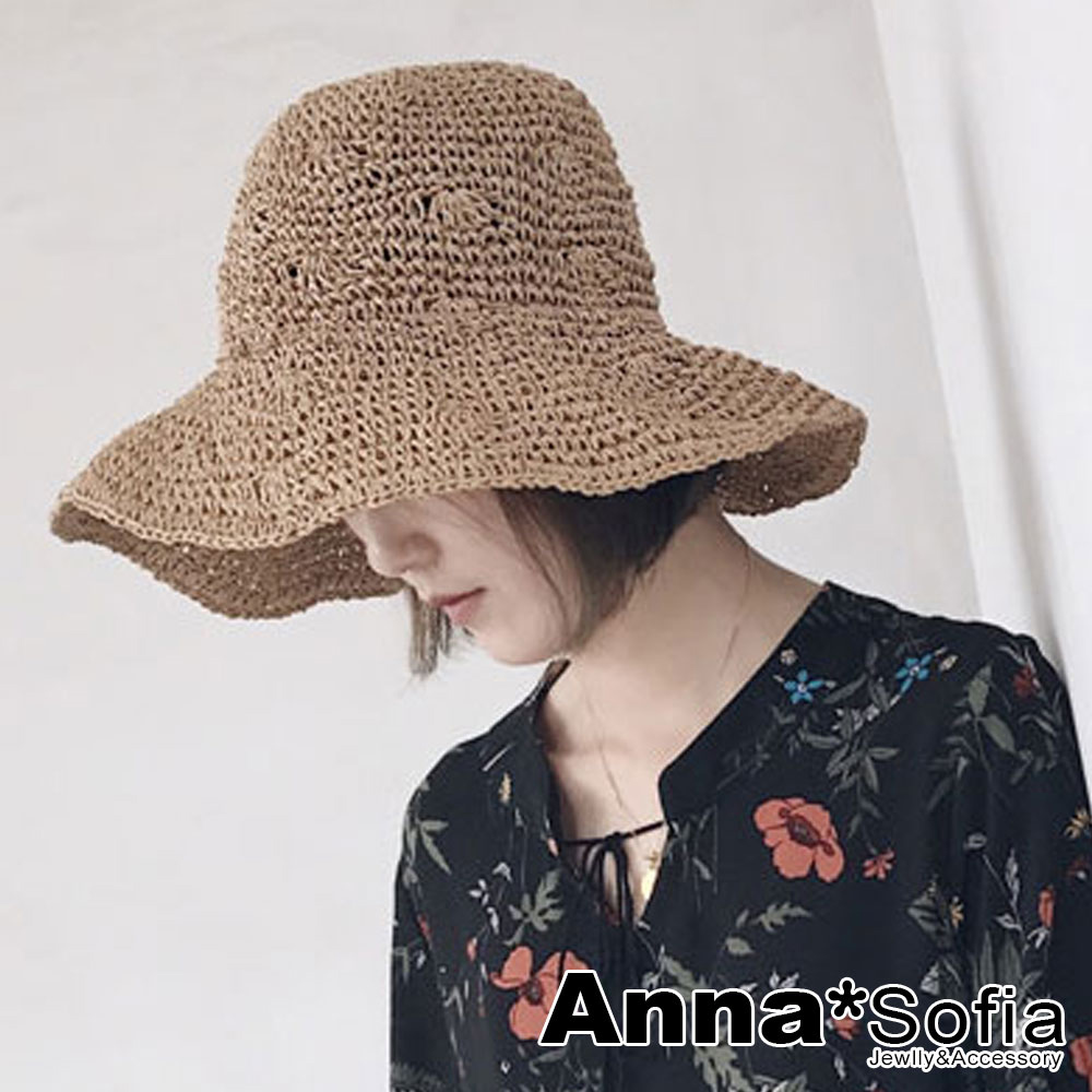 AnnaSofia 純手工點扇鏤織 寬簷防曬遮陽草帽漁夫帽(駝系)