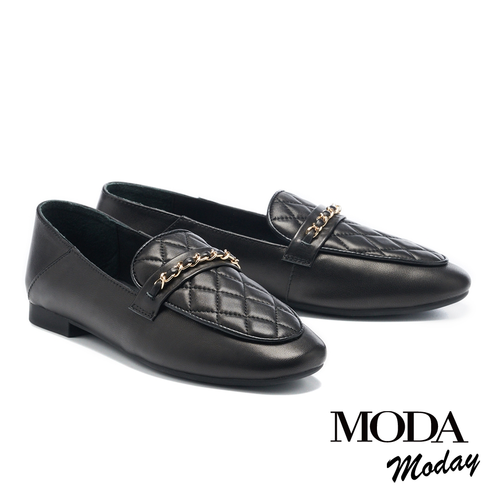 低跟鞋 MODA MODAY 韓系質感菱格紋羊皮樂福低跟鞋－黑