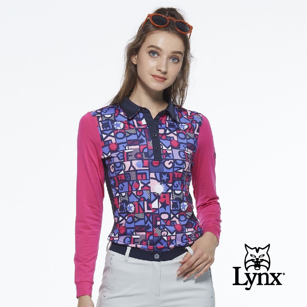 【Lynx Golf】女款吸濕排汗合身款滿版Lynx點漆印花長袖POLO衫-深藍色