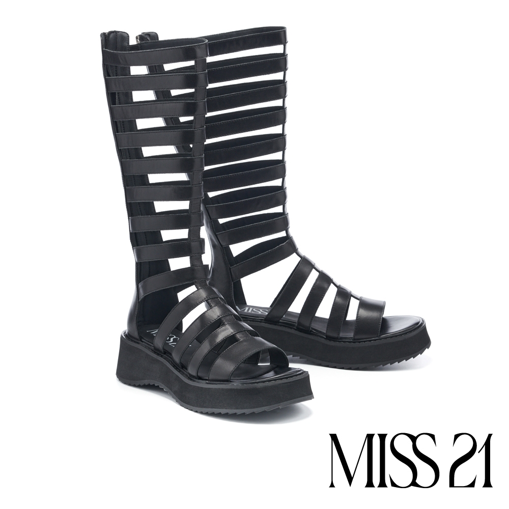 涼鞋 MISS 21 帥氣性格簍空條帶牛皮厚底高筒羅馬涼鞋－黑