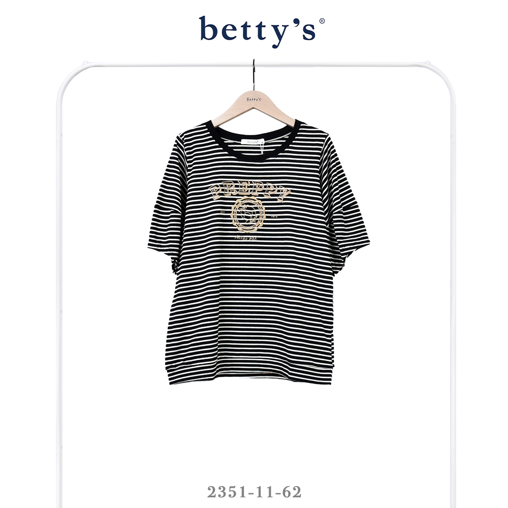 betty’s貝蒂思　PREPPY印花刺繡橫條紋T-shirt(共二色) (黑色)