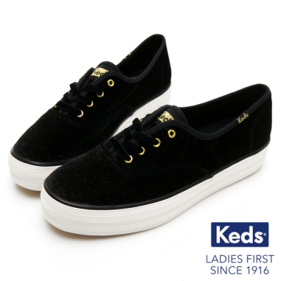 Keds TRIPLE 天鵝絨厚底休閒鞋-黑